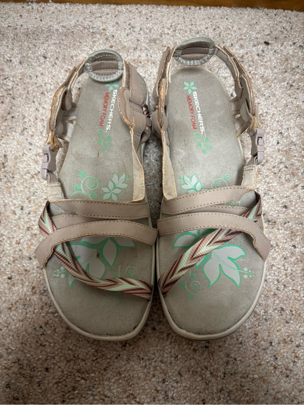 Skechers Women's Taupe Strappy Memory Foam Sandals with Green Floral Insole